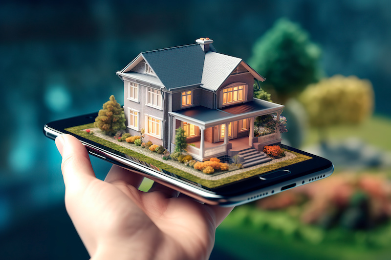 A smartphone application for online search, purchase, sale and booking of real estate. An unusual 3D illustration of a beautiful house on a smartphone in your hand. Generative AI
