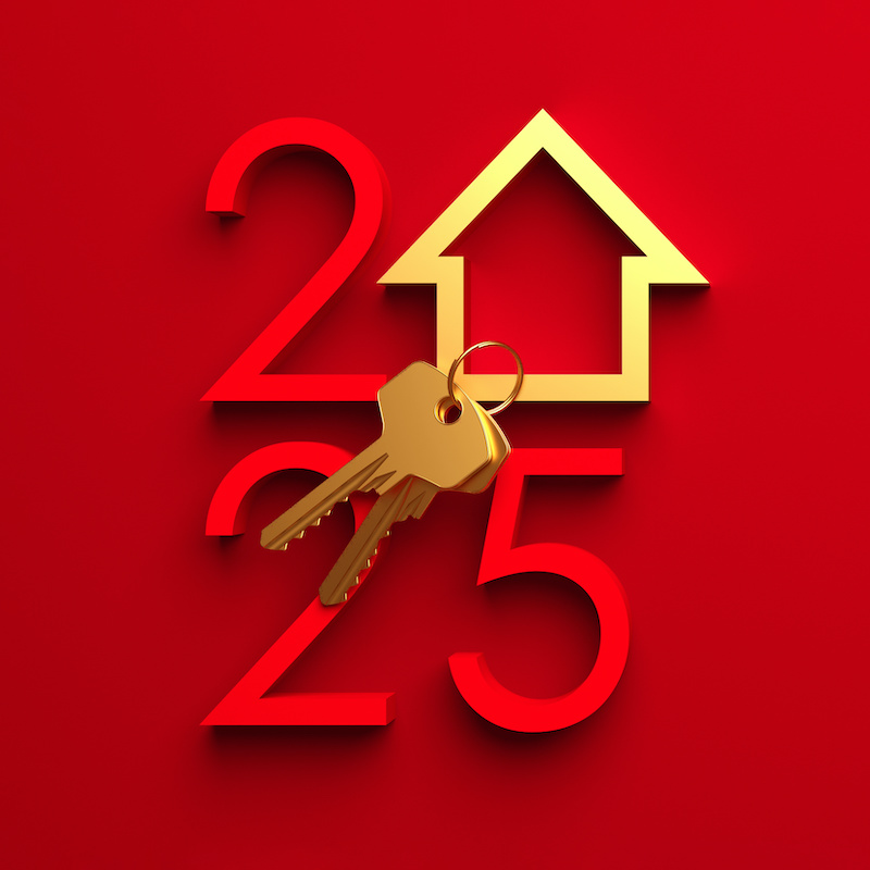 Creative 2025 New Year design template with golden keys and an abstract house symbol. 3D render illustration for a greeting card or banner.