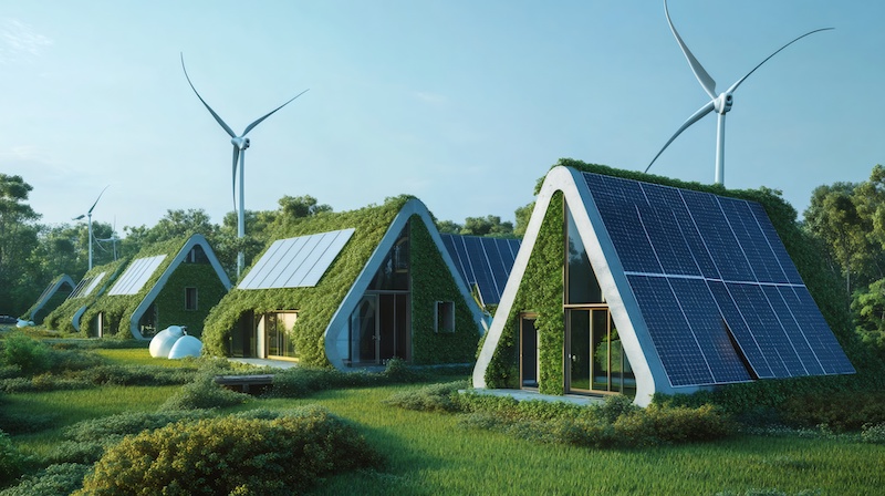 Eco-friendly triangular homes with solar panels and wind turbines in a green grassy field.