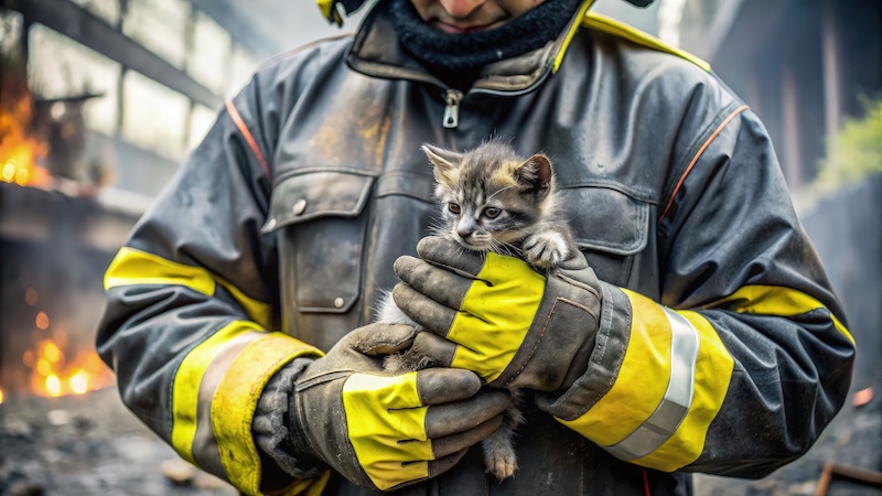 Soot-covered firefighter rescues small kitten from burning building. Generative AI