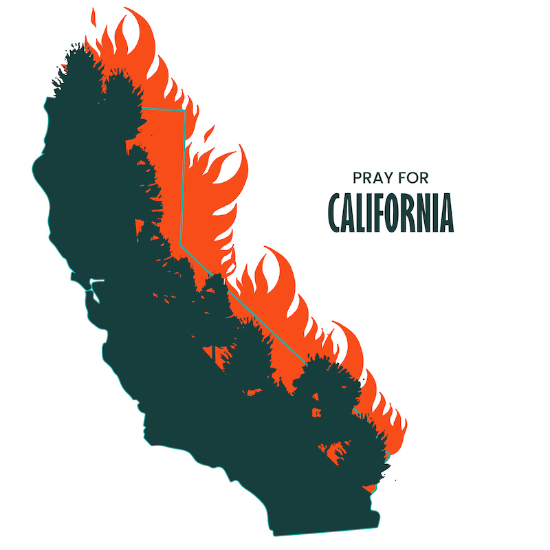 Illustration vector graphic of fire in California state, USA to burn in red, orange wildfire. Creek fire in the forest. Pray for California's Creek Fire concept. Flat style.