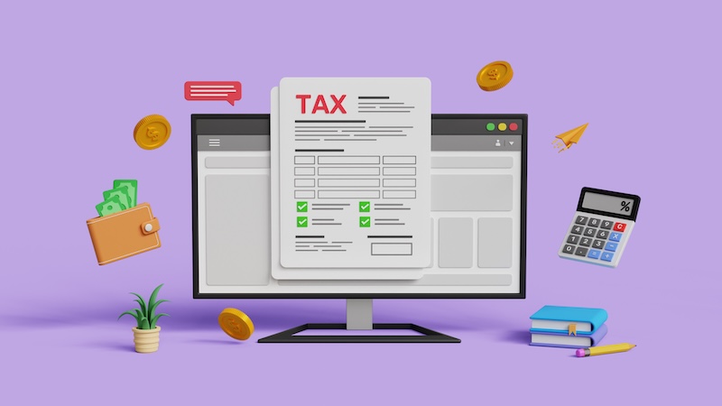 Tax deduction form, income tax, accounting and financial management, VAT and property taxes concept. Online tax documents on a 3D computer. 3D illustration
