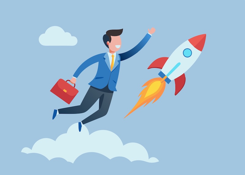 Solopreneur solo entrepreneur, working alone or startup business owner, founder or entrepreneurship, independent developer, freelancer concept, businessman entrepreneur launching company rocket alone.
