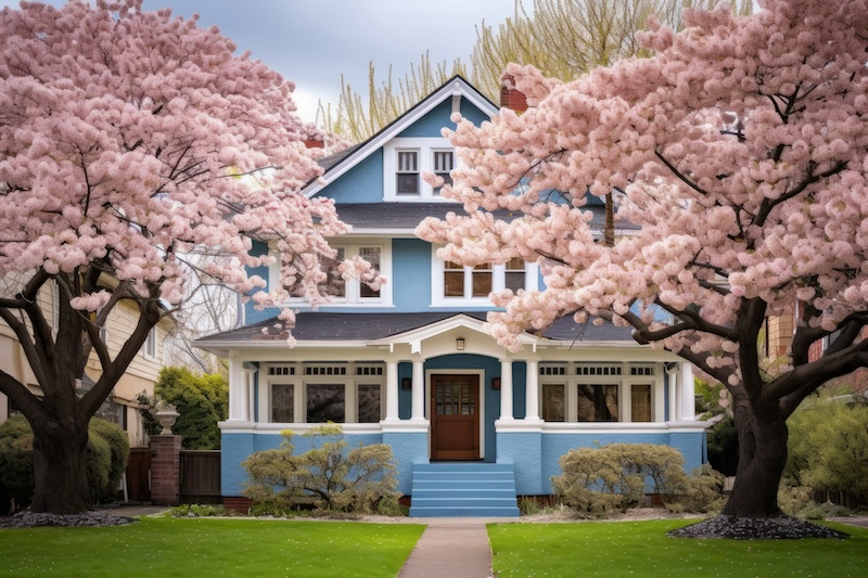 A beautiful blue house with cherry blossom trees in front of it