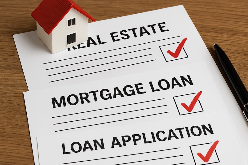 A close-up view of mortgage documents, including real estate and loan application forms, highlighted by a miniature house and a pen. Perfect for financial or housing-related topics.