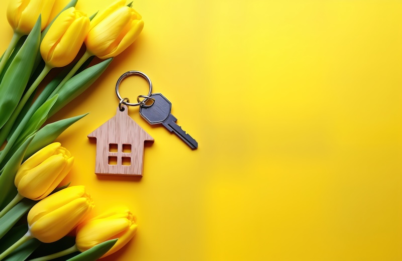 Spring tulips, wooden house-shaped keyring with key on bright yellow background. Summer offer for new home. Real estate purchase rent concept. Great for real estate agents moving companies. Good for
