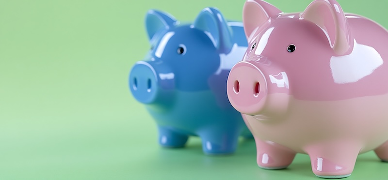 Two piggy banks, savings, green background, finance