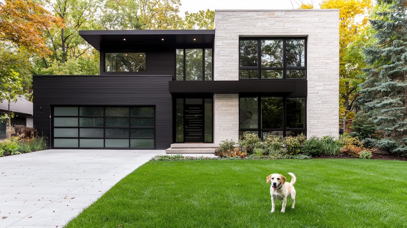 Modern house, autumn leaves, dog, suburban lawn, real estate