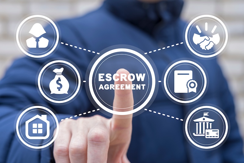 Realtor using virtual touchscreen presses word: ESCROW AGREEMENT. Concept of escrow agreement.