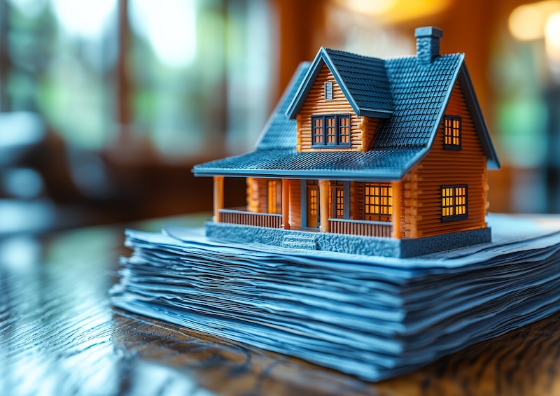 A minimalist desk with a miniature house model, contract papers, and a pen, amidst stacks of folders and documents, outlines the nuances of the home sale and insurance process