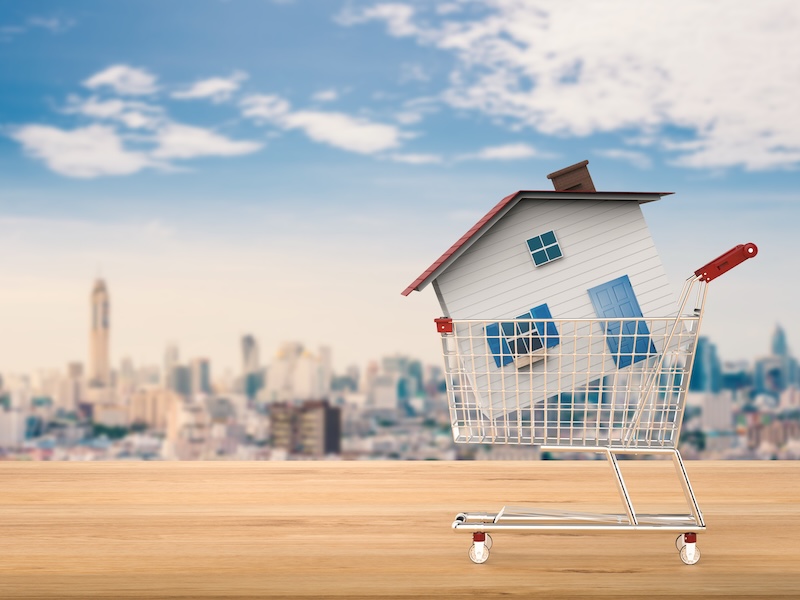 home buyer concept with mock up house in shopping cart