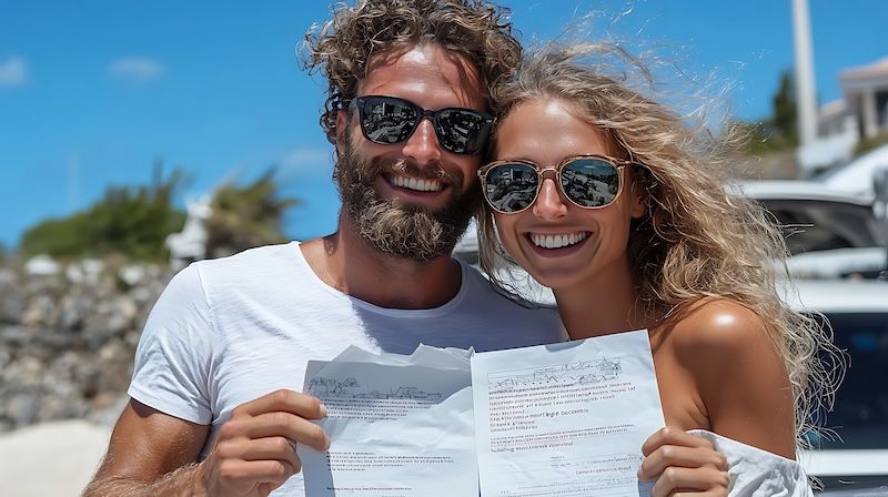 Happy couple outdoors celebrating with travel documents, smiling at the camera under a clear blue sky for a tropical vacation adventure.