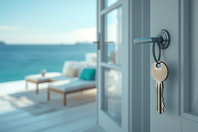 Key in Door Opening to Serene Beach House with Sea View, Luxury Retreat or Property Investment Opportunity