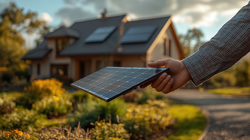businessman holding selling solar panel shaking hand with customer