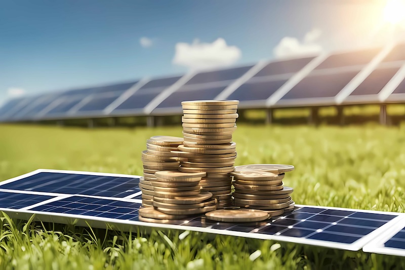 Stacks of coins with solar panels behind, highlighting economic growth through renewable energy investment 