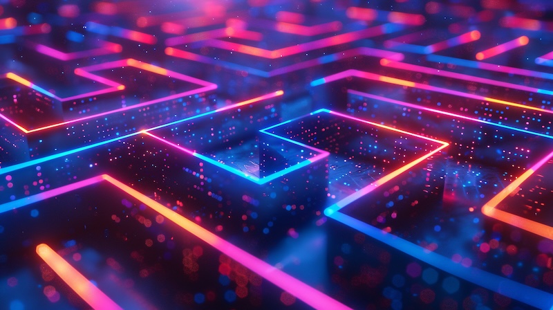 61. Digital marketing strategies visualized as a complex maze of neon light paths