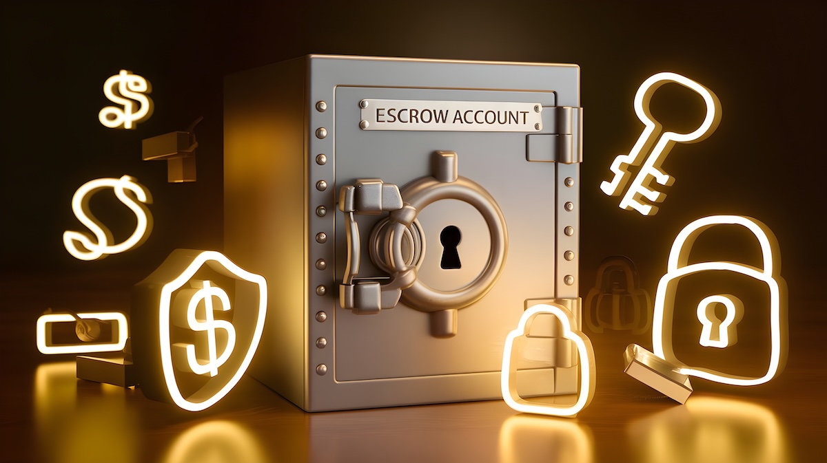 Secured Escrow: A metal safe with a lock and key, surrounded by financial symbols, representing secure financial transactions. escrow account