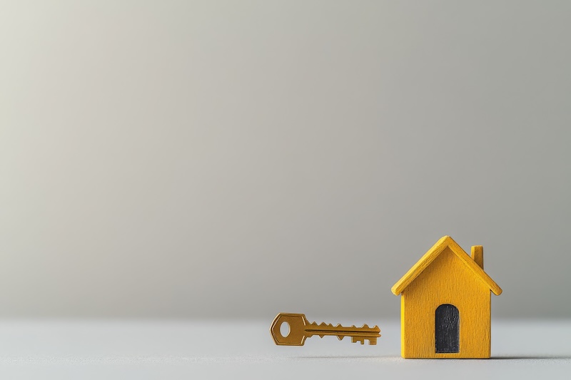 A charming yellow house model rests beside a golden key, representing real estate opportunities and the dream of home ownership for aspiring buyers and investors.