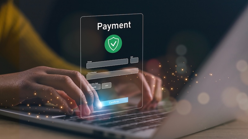 Online payment with digital marketing, Smartphone with banking online bill payment Approved concept button, credit card and network connection icon on business technology virtual screen background