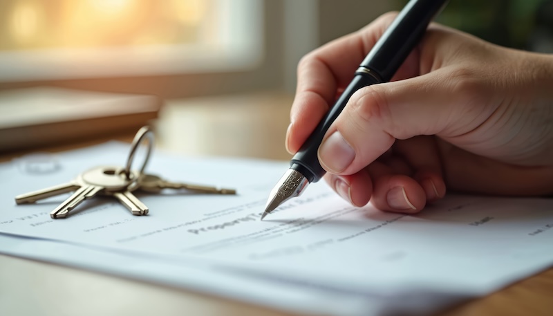 Hand holding pen signs property transfer document. House keys lie on table. Property purchase, real estate, house sale, mortgage loan. New home agreement. Legal documents contract signing.
