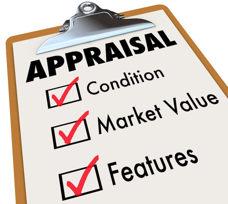 Appraisal word on a clipboard checklist with major assessment factors including condition, market value and features