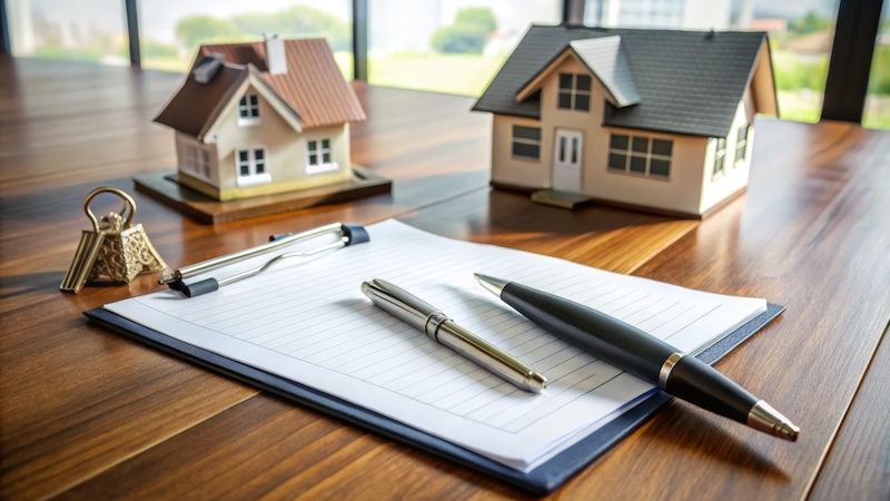 A formal contract lies on a desk, surrounded by pens, calculators, and house keys, representing the final stages of a residential property purchase transaction.