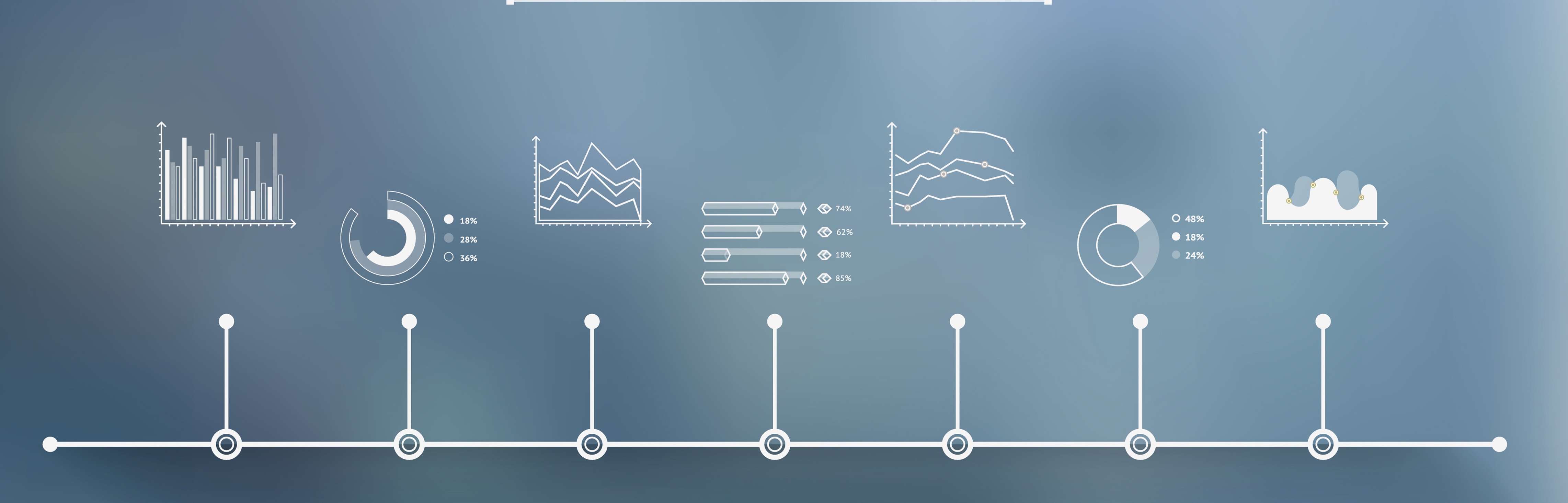 Timeline infographic with unfocused background and icons set. World map