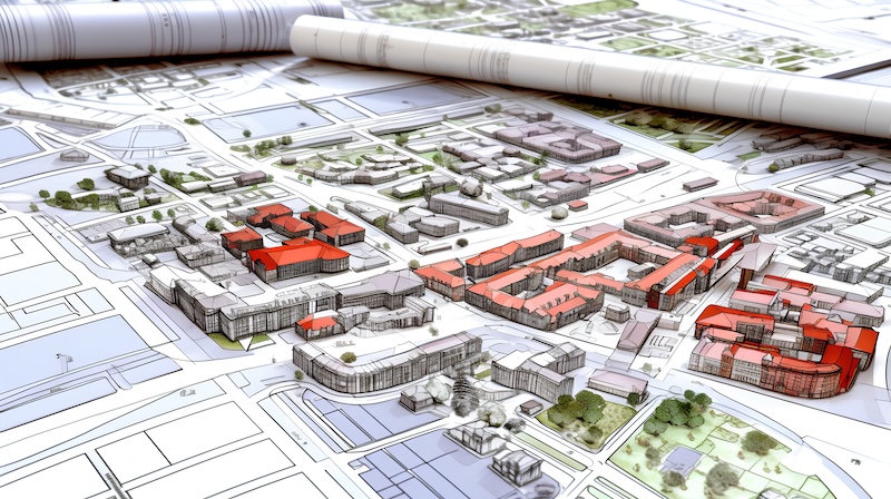 A detailed, technical blueprint showcasing urban planning and city zoning. A layout of a city, including residential, commercial, industrial zones and transportation routes and green spaces.