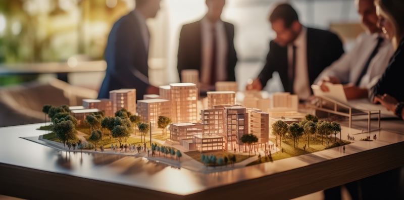 Complex scale model on the table, real estate developers, architects and businessmen team working on new business buildings project in office.
