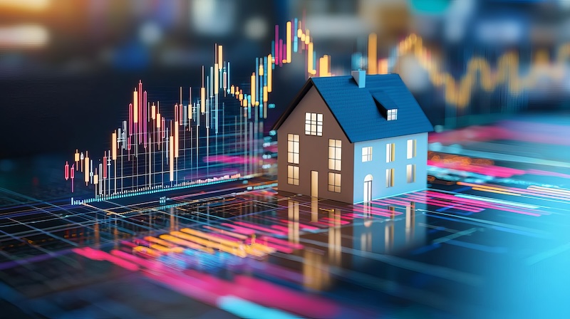 Model house on digital graph, representing real estate market analysis.