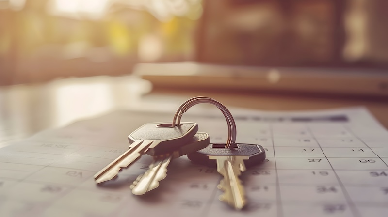 This image depicts the final stage of a home purchase process,where the keys and a legal contract are displayed on a calendar,signifying the closing day The and well-lit studio setting suggests the
