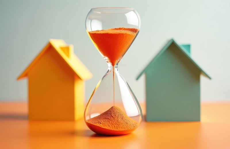 Hourglass with orange sand marks time running out for home purchase. Symbolic illustration of real estate deadlines, property investment opportunity housing market decisions. Represents urgency in