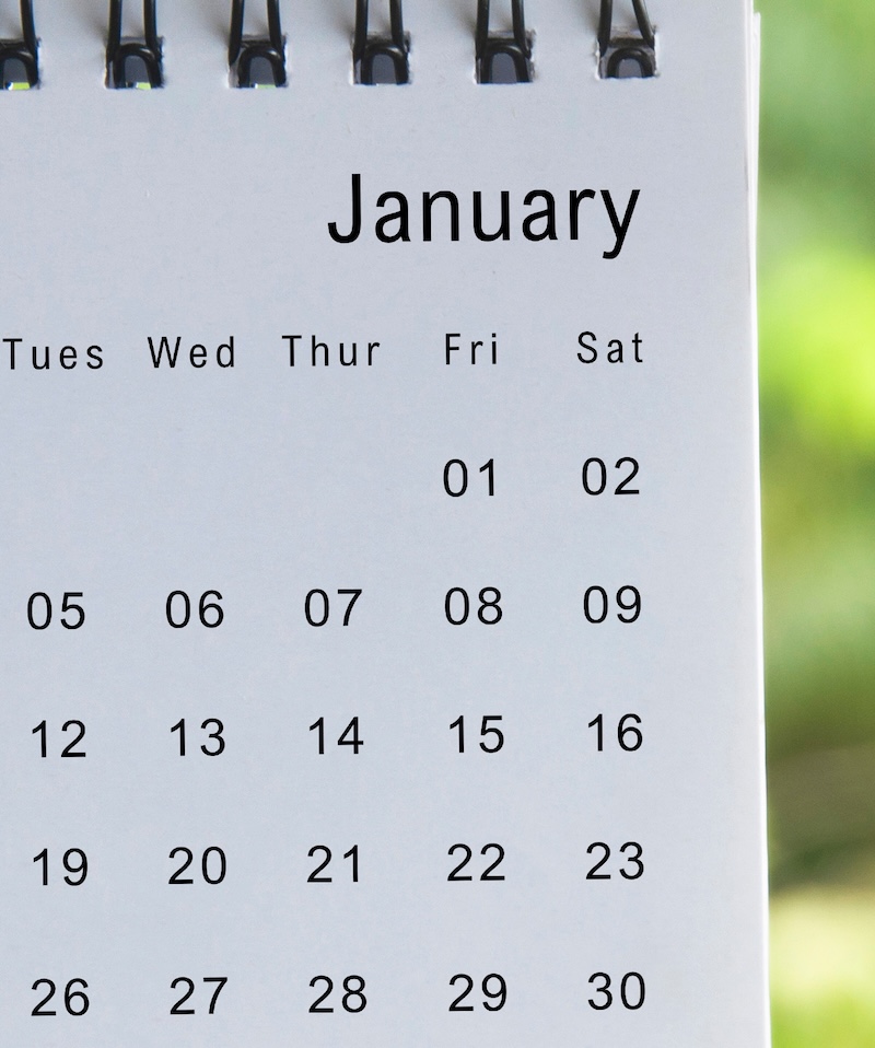 January 2026 calendar with blurred nature background. Copy space.