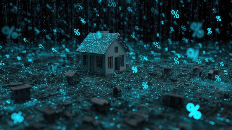 Miniature houses on a glowing blue digital landscape with floating percentage signs, representing mortgages and interest rates. Concept Miniature houses on a glowing blue digital landscape