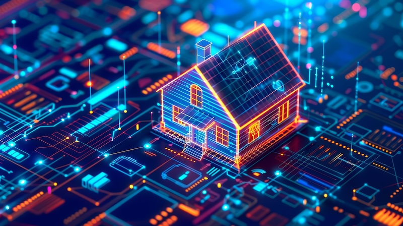 Deploying smart contracts in real estate transactions digitally Theme legal tech - front view - automated agreements - advanced tone - Monochromatic Color Scheme, water color, cartoon, hand drawing, animation 3D, vibrant, minimalist style ,