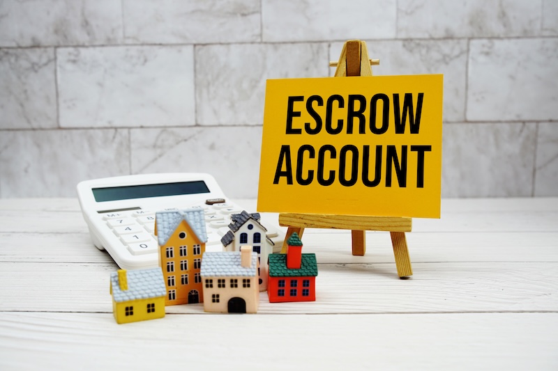Escrow Account text with house model and calculator on wooden background