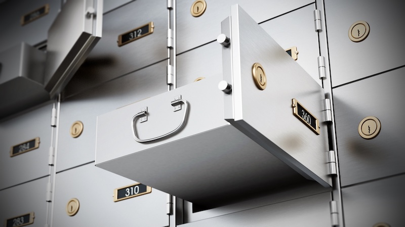 Bank deposit boxes with some open drawers. 3D illustration.