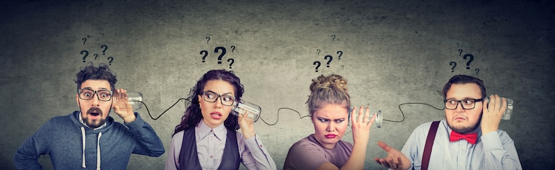 Group of funny looking people men and women having troubled communication