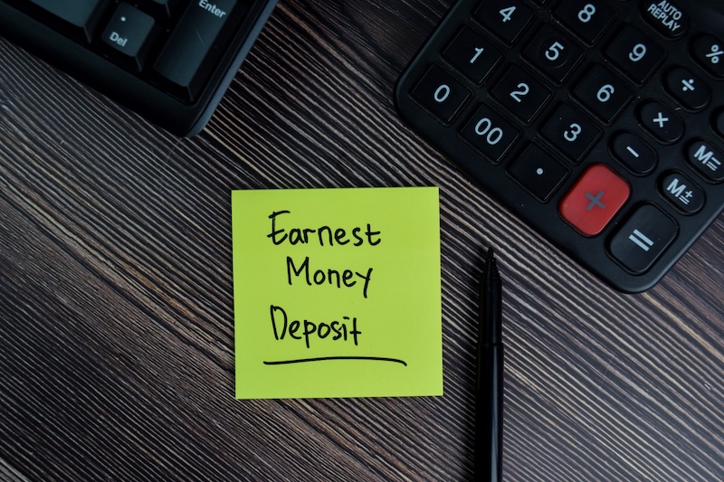 Earnest Money Deposit write on sticky notes isolated on office desk.
