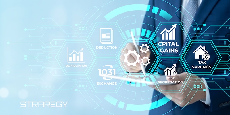 A closeup image of a person in a suit interacting with a futuristic digital interface displaying various tax strategy terms such as capital gains cost segregation tax savings depreciation deductions and 1031 exchange all arranged in hexagonal modules with icons and graphs representing financial growth and optimization